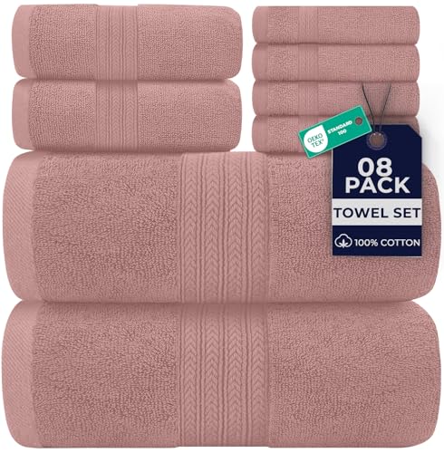 DAN RIVER 8 PC Luxury Bath Towels for Bathroom, 2 Bath, 2 Hand, and 4 Wash Cloths, 600 GSM 100% Ring Spun Cotton Towel Set, Highly Absorbent, Gym, Hotel, and Spa, Dusty Rose