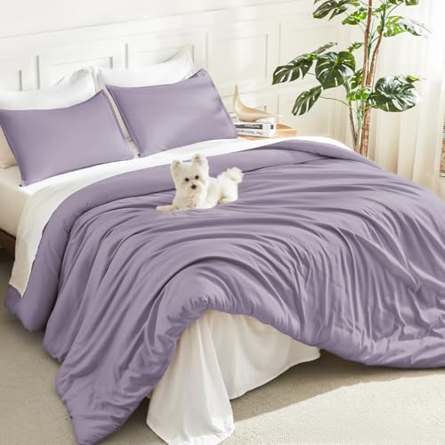 Litanika Queen Comforter Set, 3 Pieces Lightweight Solid Bed Set - Grayish Purple Soft Fluffy Down Alternative All Season Quilt Blanket