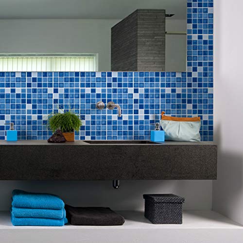 Ambiance Sticker Self-Adhesive Decorative Wall Decal Cement Tile for Bathroom and Kitchen Mosa??ques Nuance de Bleu - Pack of 9 Stickers of 10 x 10 cm