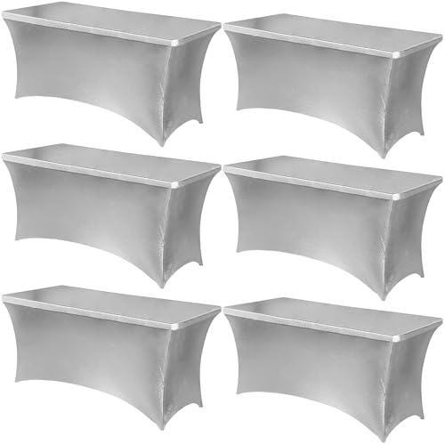 Obstal 6 Pack Stretch Spandex Table Covers for 6 Foot Tables - 6 FT Rectangular Fitted Tablecloth Protector for Wedding, Banquet, Party (Stamping Silver, 72'' Length x 30'' Width x 30'' Height)
