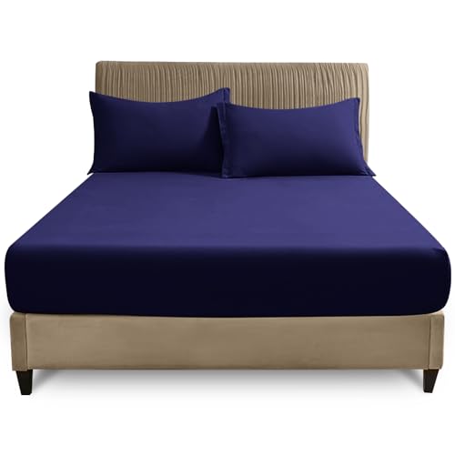 GC GAVENO CAVAILIA Super King Fitted Sheet (180x200 cm) - Soft Polycotton Fabric - Anti Allergic - Fade Resistant Bed Linen - Elasticated 25cm Deep Plain Bed Bottom Sheet, Navy