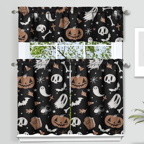qwpmvhsak Halloween Kitchen Curtains and Valances Set of 3,Pumpkin Ghost Halloween Decoration,Gothic Style Curtains and Valances Short Curtain Set for Kitchen Bedroom Holiday Decor,36Inch