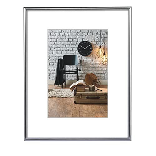 Hama 'Sevilla' Picture Frame, 50x70 cm (plastic frame, photo frame, portrait and landscape format, with hanging hardware, includes mat, shatterproof, picture size 30x45 cm, polystyrene) matte silver