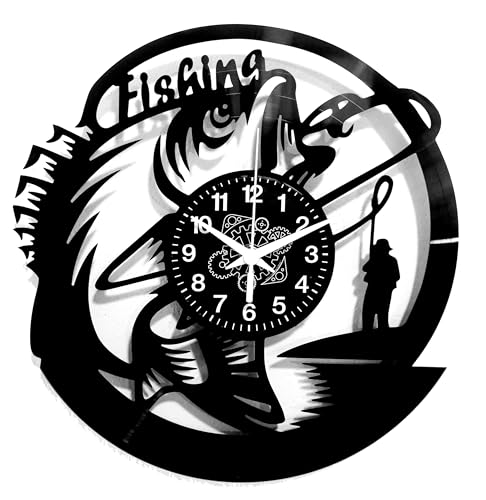 Instant Karma Clocks - Fishing Wall Clock with Fisherman and Big Catch Silhouette – Wall Decoration – Home Office Silent Non-Ticking