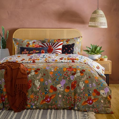 furn. La Vida Festive Reversible Duvet Cover Set – Dia de los Muertos Inspired Bedding (Multicolour – King U.K. Standard)