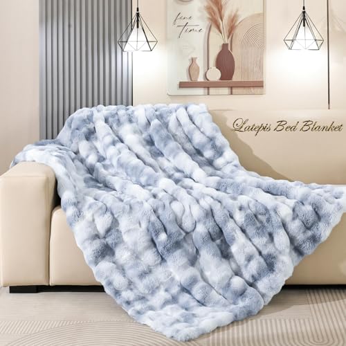 Latepis Faux Fur Fluffy Blanket for Couch, Super Soft Luxury Faux Fur Bubble Plush Thick Warm Cozy Fuzzy Twin Blanket for All Seasons, 60??? x 80???, Tie-dye Blue, 860GSM
