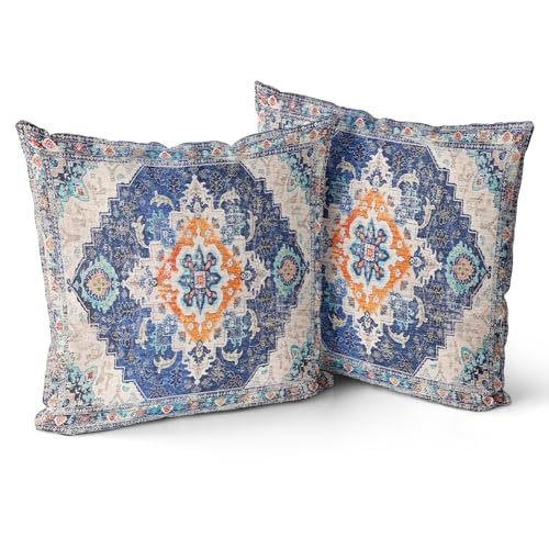 Snycler Blue Boho Throw Pillow Covers Set of 2 Monaco Rug Carpet Double Sided Pattern Cotton Soft Pillow Case Cushion Cover Pillowcase for Garden Couch Sofa Bed Decorative 22x22 inch