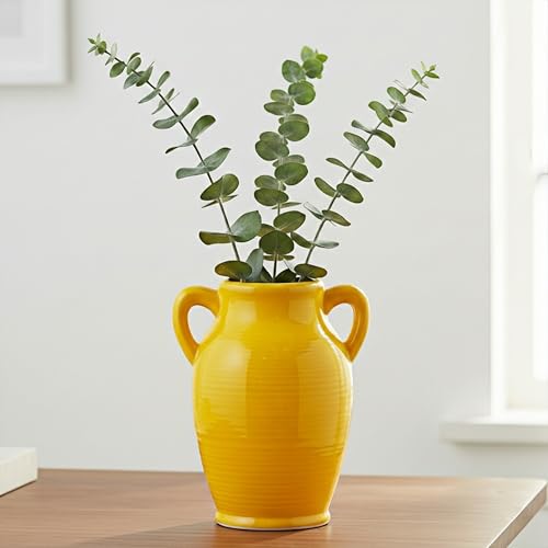 8 inch Ceramic Yellow Vase - Modern Decorative Flower Vases with 2 Handles, Centerpieces, Kitchen, Living Room, Dining Table, Home Decor