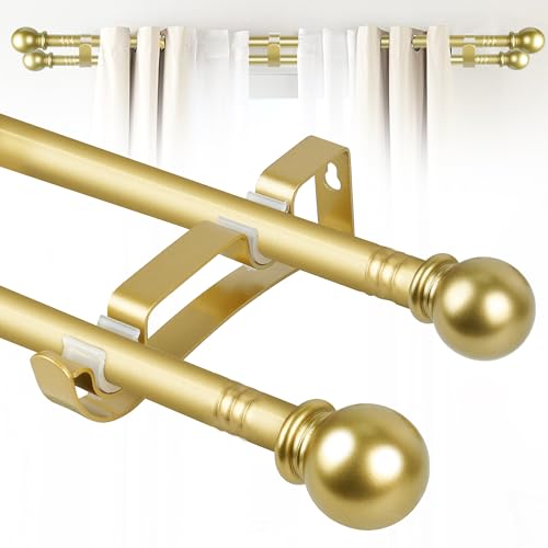 "Double Curtain Rods for Windows Set 48 to 84 Inch,Gold Curtain Rod with 3PCS Drapey Pole Brackets,5/8"" Diameter Blackout Small Curtain Rod,Extra Long Cortineros Para Ventanas for Bedroom,Living Room"