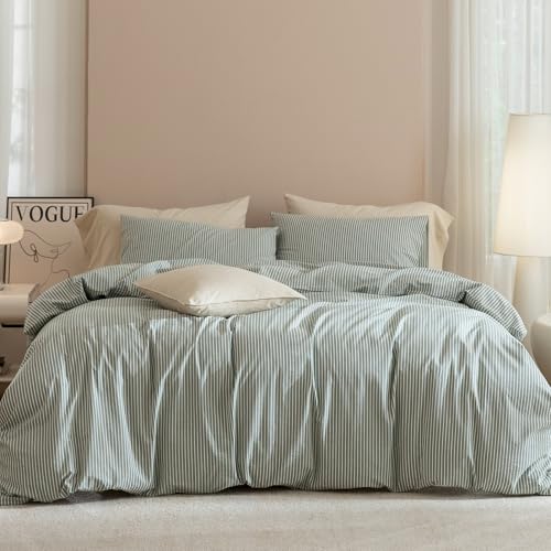 JIYUAN 100% Washed Cotton Striped Duvet Cover Set 3 Pieces Cal King,1 Duvet Cover and 2 Pillowcases(Comforter Not Included),Linen Like Comfy and Breathable,Pinstripes - Green White