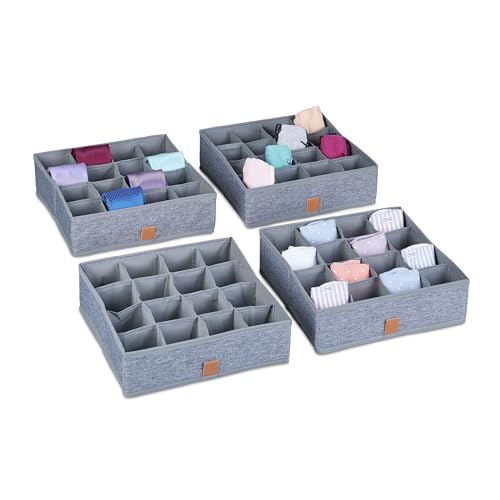 Relaxdays Set of 4 Underwear Organiser, Storage Box for Socks & Underwear, Wardrobe Organiser, HWD: 9 x 29 x 29 cm, Grey