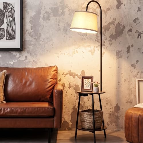 LuminexDesigns Vintage Floor Lamp with Shelves & USB Charging Port, Standing Lamp Wooden with E27 3 Colour Temperature Bulb via Rocker Switch, 165cm Corner Lamp for Living Room Bedroom Sofa Office