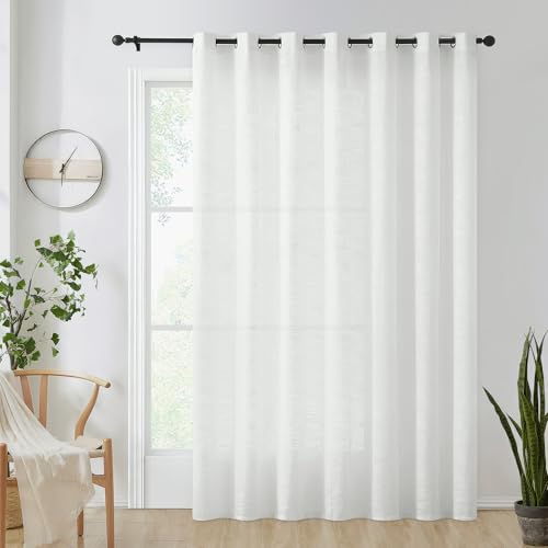 "FMFUNCTEX Linen Sheer White Curtains Sliding Door Curtain 108inches Long Patio Glass Door Curtain Panel 100"" Width Rich Cross Weave Textured Semi-Sheer Living Room Divider Bedroom Window Draperies 1pc"