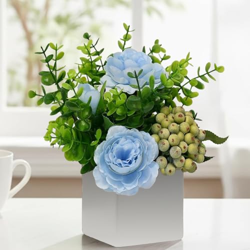 Faux Flowers with Vase???Artificial Roses in Vases, False Eucalyptus Flower ArrangementsFake Plant Eucalyptus Flower Arrangement for Home Office Farmhouse Bathroom Dining Table Centerpiece Decorations