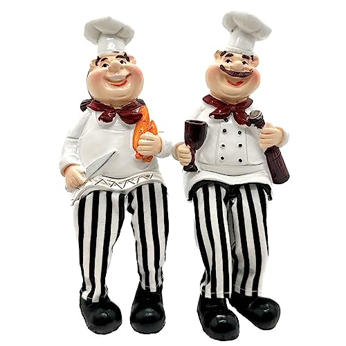 KiaoTime Set of 2 Home Kitchen Decor Chef Figurines Bread & Wine with Dangling Legs Shelf Sitters Figurine Statue for Kitchen Shelves, Cupboard, Countertop Display, Windowsill