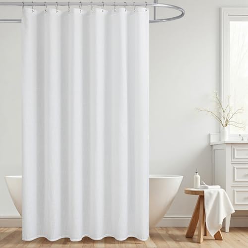 White Shower Curtain Fabric,Linen Washable Cloth Boho Farmhouse Sheer Semi Transparent Faux Cotton Textured Not See Through Simple Waterproof Shower Curtains for Bathroom Set 72x72 72 Inch Long
