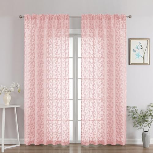 "Chyhomenyc Blush Pink Sheer Curtains 84 Inch Length 2 Panels Set, Light Filtering Tufted Textured Soft Airy Rod Pocket Gentle Leaf Window Treatment Drapes for Bedroom Living Room, 52"" Wx84 L, 2PCS"