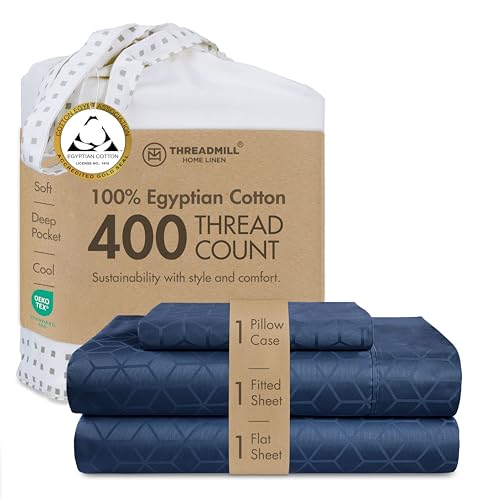 "Threadmill 400TC Egyptian Cotton Twin XL Sheet Set, Jacquard Damask - 100% Egyptian Cotton, Jacquard Damask Pattern, 3-Piece Set, 15"" Deep Pocket, Cooling, OEKO-TEX Certified, Machine Washable"