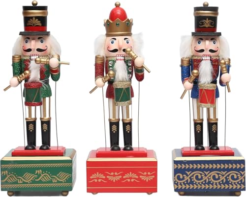 SHATCHI 30cm Musical Box Wooden Christmas Nutcrackers Drummer Animated Clockwork Puppet Figurines Home Decoration Ornament - Supplied One