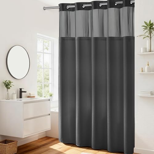 "River Dream No Hooks Required Waffle Weave Shower Curtain with Snap in Liner (Graphite Grey, 71""x86"")"