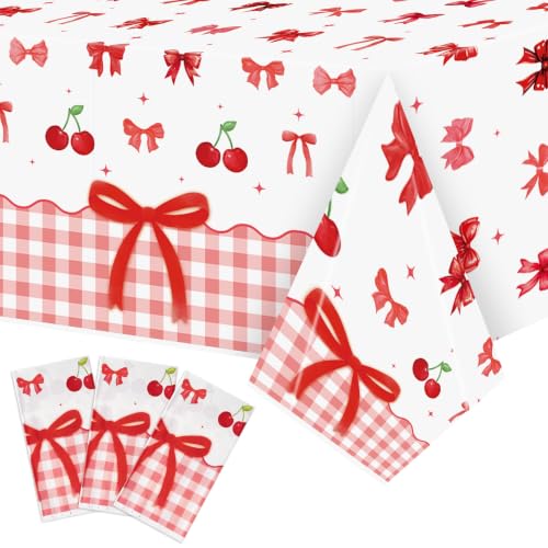ArianQicult 3Pcs Bow Party Tablecloths - Red Cherry Party Table Covers Decorations Coquette Bow Rectangular Plastic Disposable Table Cloth Decor for Girls Women Kids Birthday Baby Shower Supplies