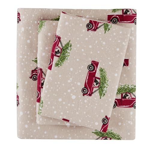 "WOOLRICH Cotton Sheet Set Cottage Charms Print, 100% Cotton Flannel Sheets Warm & Fuzzy Bedding Set Full Size Sheets, Fitted Pocket Fits Up to 12"" Mattress, Full Tan Cars, 4 Piece"