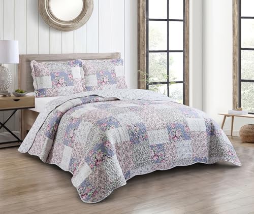 "Brilliant Sunshine Blue & Pink Roses Toile Patchwork Quilt, Twin Size - Soft Reversible Bedspread, Lightweight Coverlet with Shams, Washable Bedding Set, All Seasons, 90""x90""+2 20""x26"""