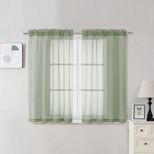 "OVZME 2 Panels Window Sage Green Sheer Curtains 42"" x 45"" Inches for Small Windows, Soft Touching Top Dual Rod Pocket Drapes for Living Room & Bedroom"
