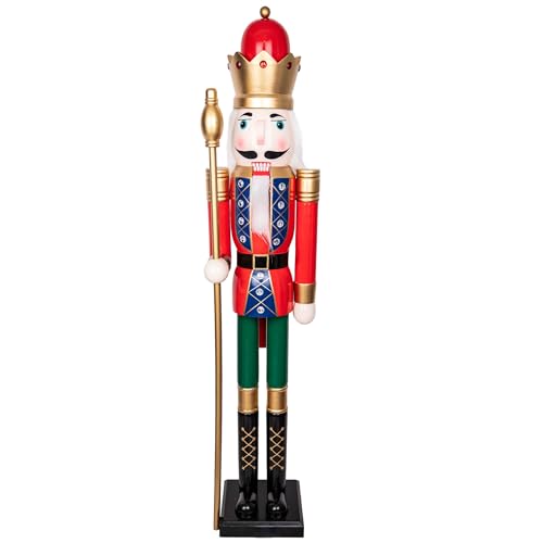 150cm Giant Life-Size Wooden Christmas Nutcracker Soldier Statue King Puppet Figurines Xmas Home Door Decoration Ornament, Red/Green