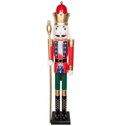 150cm Giant Life-Size Wooden Christmas Nutcracker Soldier Statue King Puppet Figurines Xmas Home Door Decoration Ornament, Red/Green
