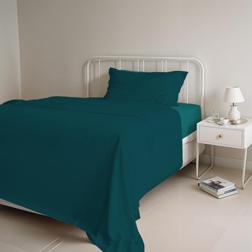 Italian Bed Linen Natural Color Bed Set (Flat 150x300, Fitted Sheet 90x200cm+Pillowcase 52x82cm), Petrol Bottle Green, 100% Cotton, SINGLE