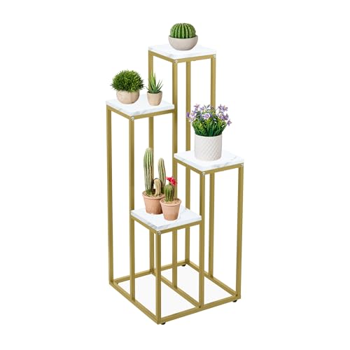 Relaxdays Plant Stand, Modern Pot Holder with 4 Tiers, 80x40x40 cm, White Metal Frame, MDF Shelving Space-Saving Gold