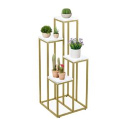 Relaxdays Plant Stand, Modern Pot Holder with 4 Tiers, 80x40x40 cm, White Metal Frame, MDF Shelving Space-Saving Gold
