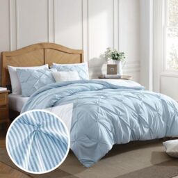Swift Home Twin/Twin XL Pinstripe Chambray Blue Comforter Set - Classic Pintuck Bedding Set - 2 Pieces Bed Linen, 1 Comforter and 1 Pillow Sham