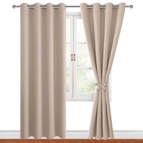 Hiasan Blackout Curtains for Bedroom, 52 x 84 Inches Long - Thermal Insulated & Light Blocking Window Curtains for Living Room/Kids Room, 2 Drape Panels Sewn with Tiebacks, Camel