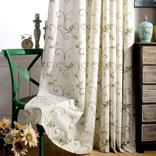 VOGOL Green Faux Linen Curtains, Green Vine Leaf Pattern Light Filtering Curtain Panels for Bedroom, Country Style Grommet Drapes for Living Room, 2 Panels, 59 x 79 in