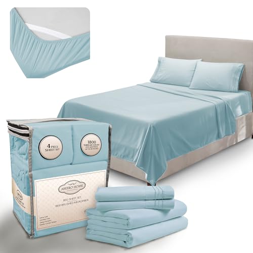"Abeero Home Queen Size Premium Sheet Set - Luxury Hotel Bedding - Cooling Bed Sheets with Elastic Corner Straps - Up to 15"" Deep Pocket Mattress - Soft Sheets & Pillowcases -4 PC (Queen, Light Blue)"