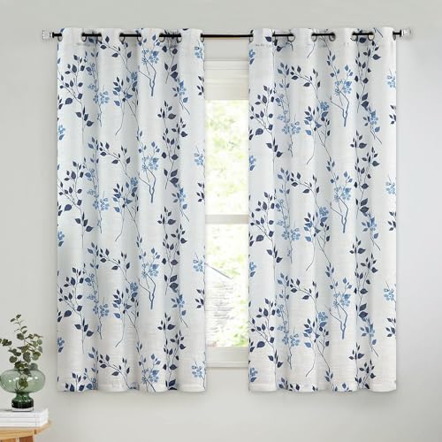 Beauoop Floral Linen Semi Sheer Curtains Living Room Blue Navy 50x63 2 Set - Farmhouse Flower Patterned Navy White Light Filtering Drapes for Bedroom 63 Inch Long Textured Window Treatment Grommet