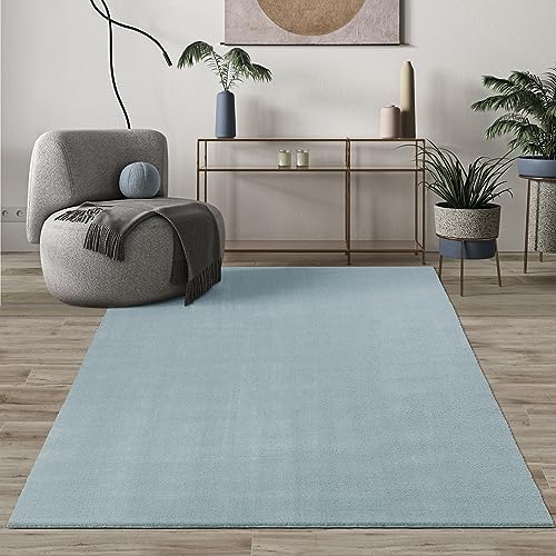 Mias Teppiche Comfort Modern Fluffy Short-Pile Carpet, Anti-Slip Backing, Washable up to 30 Degrees, Super Soft, Faux Fur Look, Blue, 120 cm round
