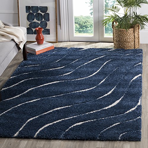 Safavieh Florida Shag Collection Shaggy Rug for Living Room Dining Room Bedroom High Pile Dark Blue and Cream 48 x 48 Inch