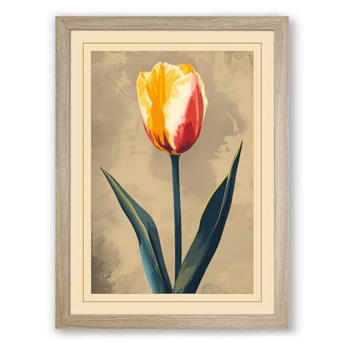 Centered Tulip Botanical Framed Wall Art Print A4 (29.7×21cm) Oak, Wall Decor for Living Room, Bedroom, Office & Home, Ready to Hang, Art Gift
