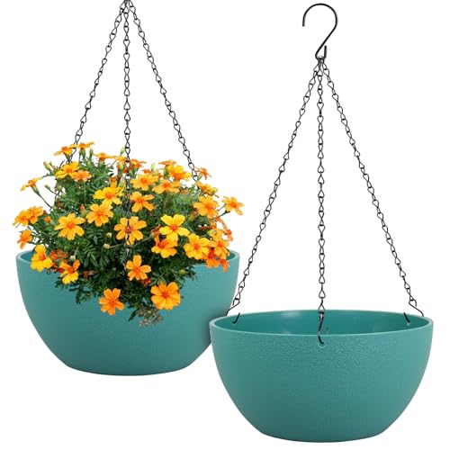 Meowell 12 inch Large Hanging Planters for Indoor Outdoor Plants, 2 Pack Hanging Flower Plant Pots with Drainage Holes and Chain for Garden Porch, Plastic Hanging Baskets for House Plants, Blue Green