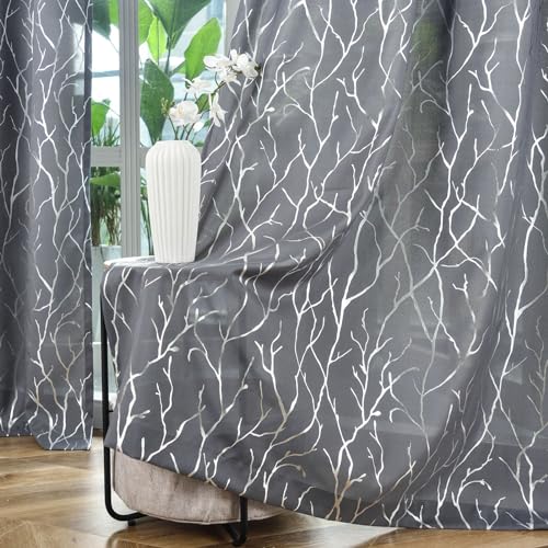 Kotile Silver Grey Curtains 63 Inch Length for Bedroom, Metallic Silver Foil Tree Branch Curtain Panels, Grommet Top Privacy Semi-Sheer Curtains 2 Panels, 52 x 63 Inch Each, Silver Grey