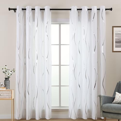 L.Z.E White Privacy Curtains 96 Inches Long 2 Panels Set, Light Filtering Non-See-Through Curtains & Drapes for Living Room Bedroom Nursery, Elegant Silver Wave Pattern Grommet Top Window Treatment