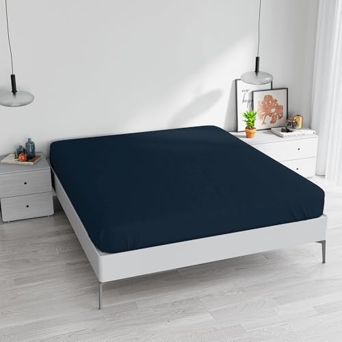 Fitted Sheet with Corners for Double Bed, Cotton, Made in Italy, Fitted Sheet 170 x 200 cm with Elasticated Corner 25 cm, Dark Blue