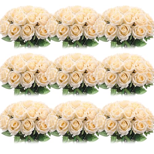Jexine 100 Pieces Artificial Roses Flowers Bulk, Long Stem Realistic Fake Silk Roses Bouquet for Table Centerpiece Vases Wedding Party Kitchen Decor (Champagne)