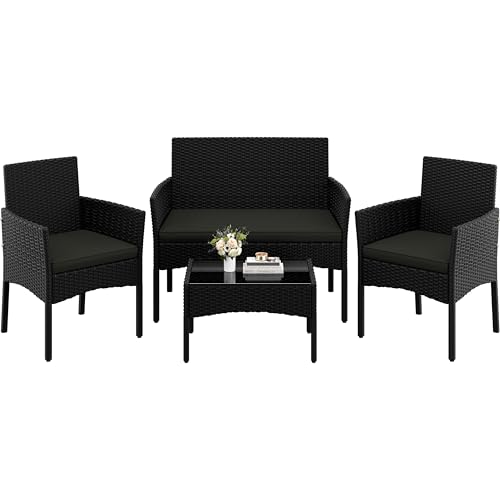 Yaheetech 4 Pieces Outdoor Patio Conversation Set, PE Rattan Wicker Sofa Set with Soft Cushion and Tempered Glass Table for Yard, Poolside, Garden (Black/Grey)