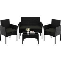 Yaheetech 4 Pieces Outdoor Patio Conversation Set, PE Rattan Wicker Sofa Set with Soft Cushion and Tempered Glass Table for Yard, Poolside, Garden (Black/Grey)