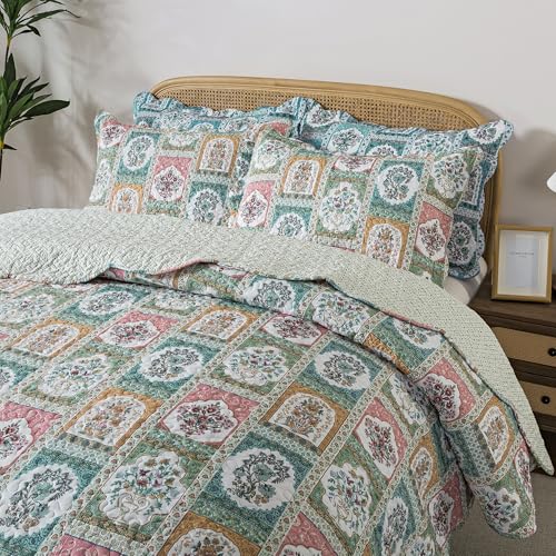 HoneiLife Quilt Sets King Size - 3 Pieces Microfiber Quilt Floral Bedspreads Lightweight Coverlets Retro Bed Cover King Quilt Bedding Set All Season Quilts