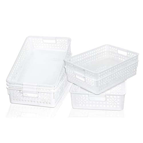 Cetomo Plastic Storage Box, Storage Baskets with Handle, Shelf Basket Organizer with Hole, Open Top Storage Bin for Home Kitchen Office, White, 6 Pack (34.5 x 24.5 x 8.5 cm)
